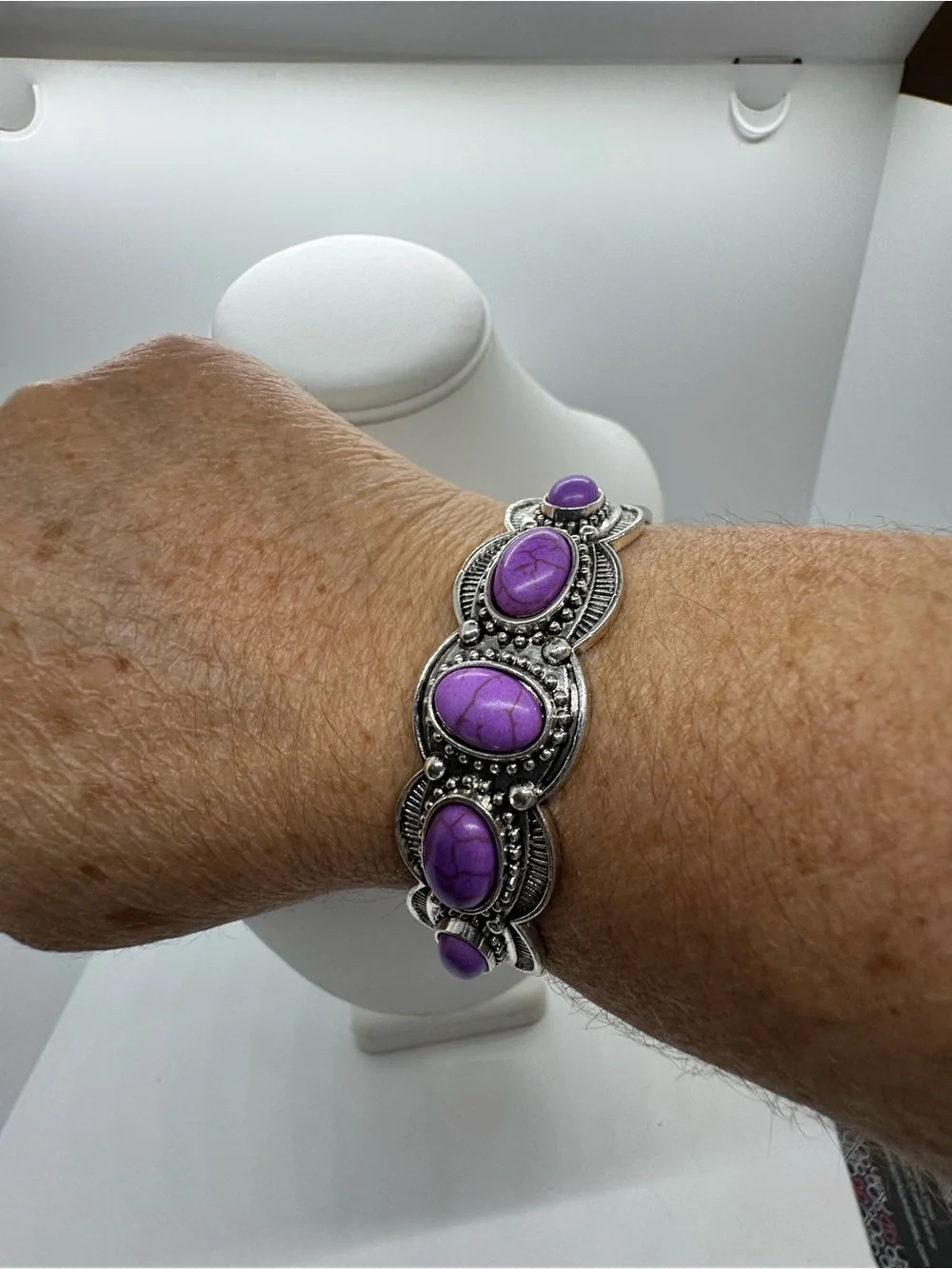 Purple Stone Cuff Bracelet Silver Tone Southwestern Boho Statement Jewelry